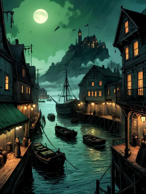 comics, graphics novel, Generate a stunning [steampunk] [horror] sketch lineart image [realistic], epic, cinemascope, intricate,  silent men, fishermens, ((best quality)), ((masterpiece)), ((realistic)) with [detailed linework], [dynamic shading] and [dramatic lighting], of [lovecraftian] [gothic] art, depicting an atmospheric scene from an old 19th-century victorian whaling station town [Nantucket] inspiered. The viewpoint is from the sea, [srouded in fog] and [heavy rain] capturing the haunting beauty of the town's [visible port] at night. The town is comprised of a collection of [gloomy], [industrial buildings] with eerie [green glow] from their windows alongside [red brick warehouses] and [fishing nets] [barrels] [seaweed] [barnacles] and [dead fish] scattered around the pier.crowded market