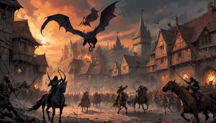 graphic novel illustration (vibrant:0.7) dark comic book ink style, an epic battle against dragon's riders, in dark fantasy kingdom, intricate medieval street background, archery, horses, paesants, burning sky, Dark and gritty, epic scene, dramatic lighting