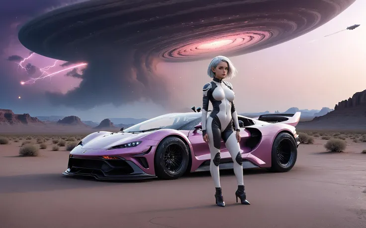 (standing in front of vehicle:1.3) ,full body wide angle cinematic shot [standing on path leading to alien city under glass dome], surreal purple sky,(standing woman looking at tablet device:1.3), (vehicle focus:1.3),alien planet, surreal desert terrain, arm extended holding tablet, standing next to widebody++ cyberpunk++ prerunner rally offroad car style of (Giorgetto Giugiaro:1.4), (style of Gordon Murray), (style of Horacio Pagani:0.8),opalescent paint, [alien sky], [magenta cloudy skies], [ringed planet in distance], dust trails, dust devil <lora:Drone_Cars_XL:0.5>,BREAK, BREAK,(pale, 24 years old, large covered breasts, cleavage, skinny waist, young european woman, futuristic fashionista:1.5), utility belt, map, (Oval-shaped face, luminous complexion, aqua+ almond-shaped eyes, thin high arched eyebrows, small upturned nose, cupid's bow lips:1.2),(backlit sliced bob medium white hair:1.3),form-fitting high tech racesuit with neon magenta accents that highlight her silhouette,(dragon scale leggings:1.1),volumetric lighting