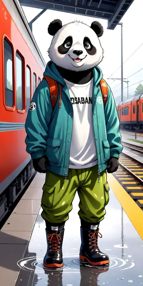 watercolor painting male panda furry with bright and watery eyes, wearing baggy clothing and rubber boots, open smile, gentle, looking at viewer, by t.y.stars, by null-ghost, by k0bit0wani, (felis:0.3), train station, (rain:0.5), (waterdrop:0.9), grey sky, (fog:0.4), wet floor, outdoors, detailed background, close-up . vibrant, beautiful, painterly, detailed, textural, artistic