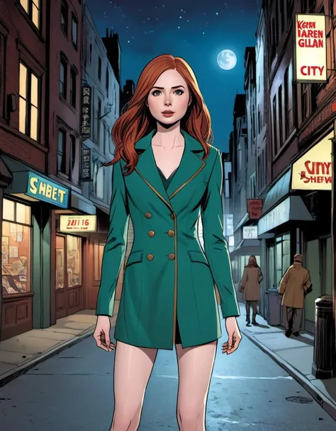 <lora:krnglln:.8> karen gillan as a comicbook superhero, city streets, night
