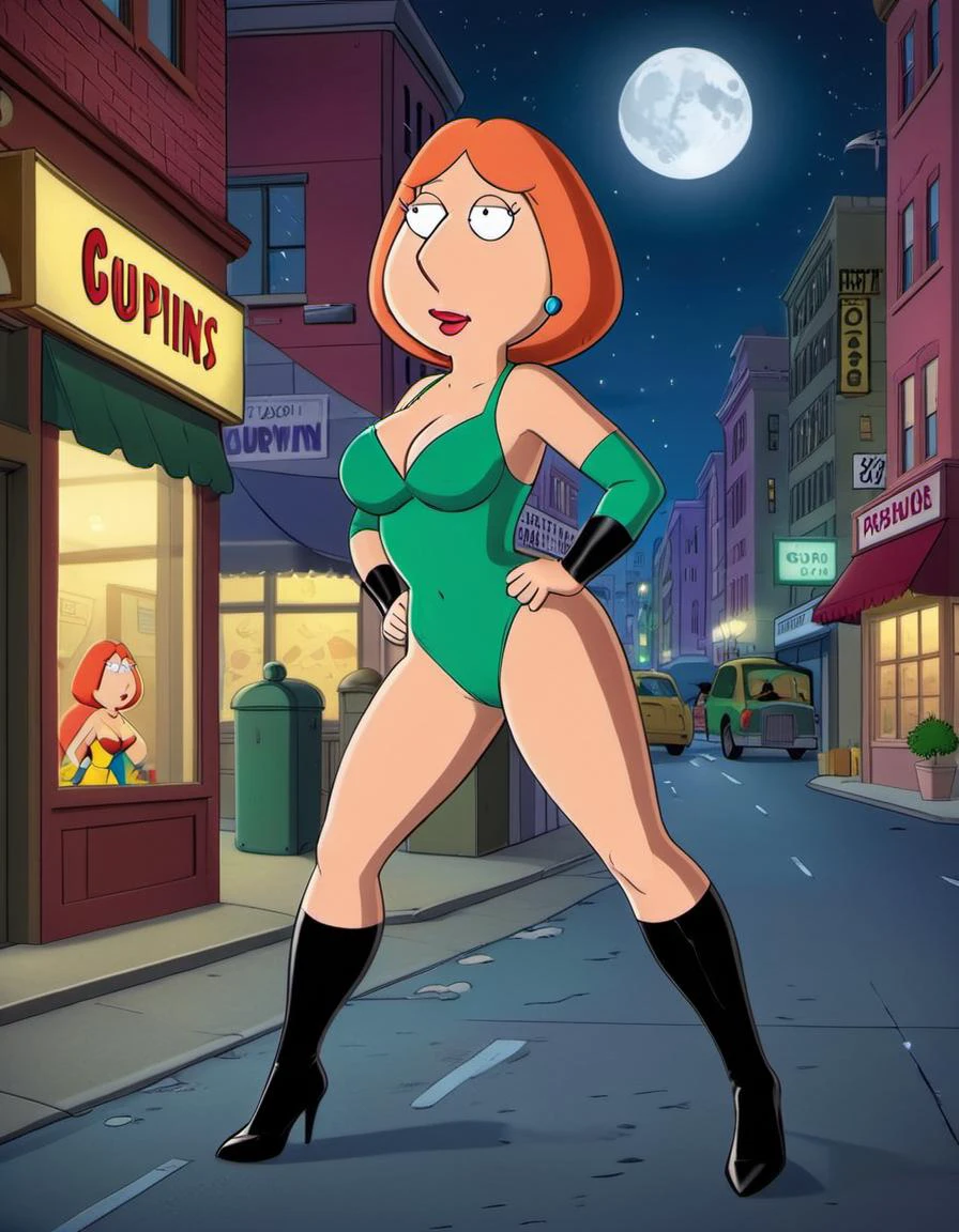 <lora:Lois_Griffin prompt 80 image SDXL epoch200:.8> lois griffin as a comicbook superhero, city streets, night