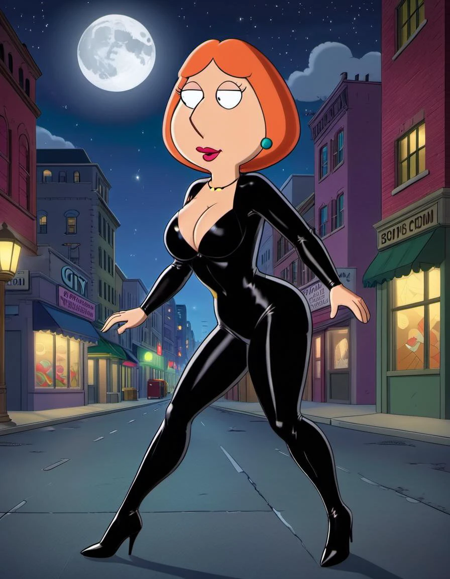 <lora:Lois_Griffin prompt 80 image SDXL epoch200:.8> lois griffin as a comicbook superhero, city streets, night