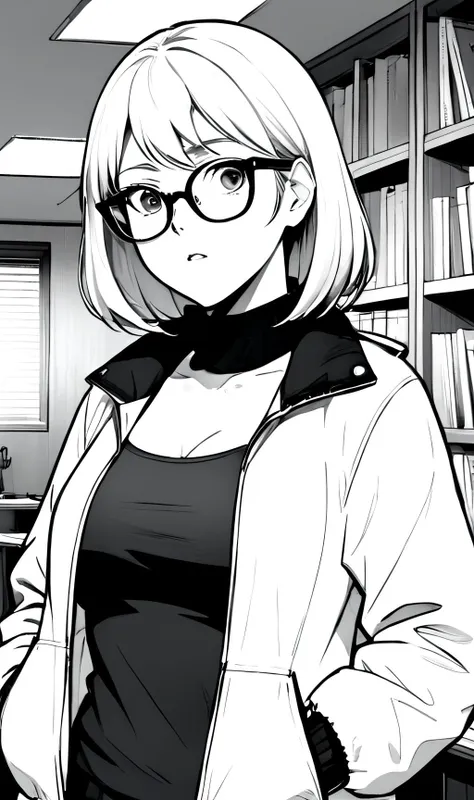 Anime girl in glasses standing in front of a book shelf - SeaArt AI