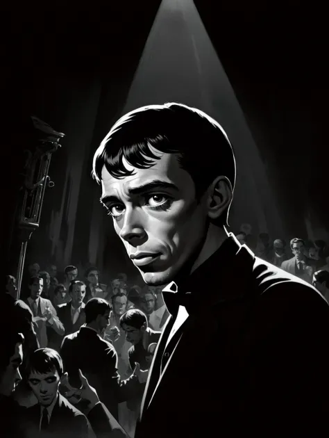 jacques brel, charismatic , illustration, noir fantasy, olympia 1967