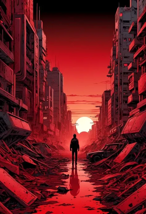 a trip to tomorrow era, aftermath, graphic novel, vibrant, highly detailed, red black gradients
