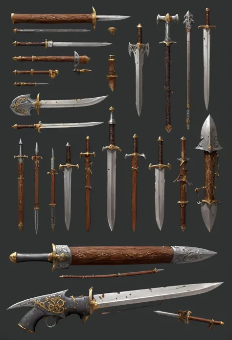 small medieval weapons,  concept arts, technical sheet, exploded view, masterpiece, best quality, perfect lighting, extremely detailed, reference sheet, simple dark grey background