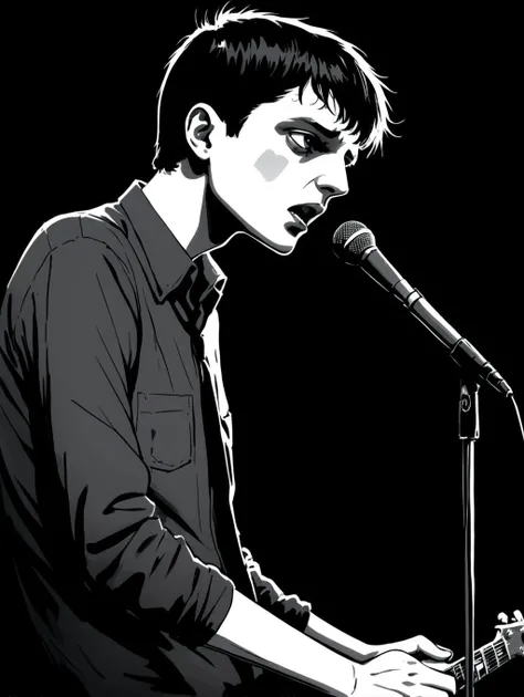 ian curtis on stage, joy division, gritty, alabama bar, blue note, charismatic , illustration, noir fantasy, lone poet, sad ending, black and white, nervous sketching, grunge, high contrast, heavy inking