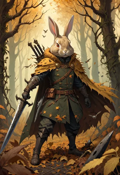 dark fantasy, the autumn tales of hero rabbit warrior, intricate clothes, thorns, rusted needle sword, button shield, cruisader cape standing, deciduous, dangerous, fighting pose, holding weapon, golden fur, creepy forest, vines, and dead birds