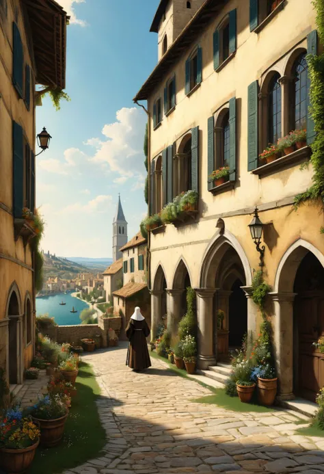 a beautiful medieval landscape with hermit catholic nuns, highly detailed, Painting by Canaletto, masterpiece. ultra details, high quality, high resolution, highly detailed, photorealistic, super resolution, crisp quality, sharpen focus, extremely detailed, octane render, 8 k, <lora:xl_more_art-full_v1:0.5>