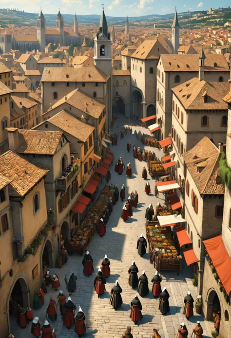 a beautiful medieval city with warriors nuns, intricate, crowded, 2d, flat color, Painting by Canaletto, masterpiece. ultra details, high quality, high resolution, highly detailed, photorealistic, super resolution, crisp quality, sharpen focus, extremely detailed, octane render, 8 k, <lora:xl_more_art-full_v1:0.5>
