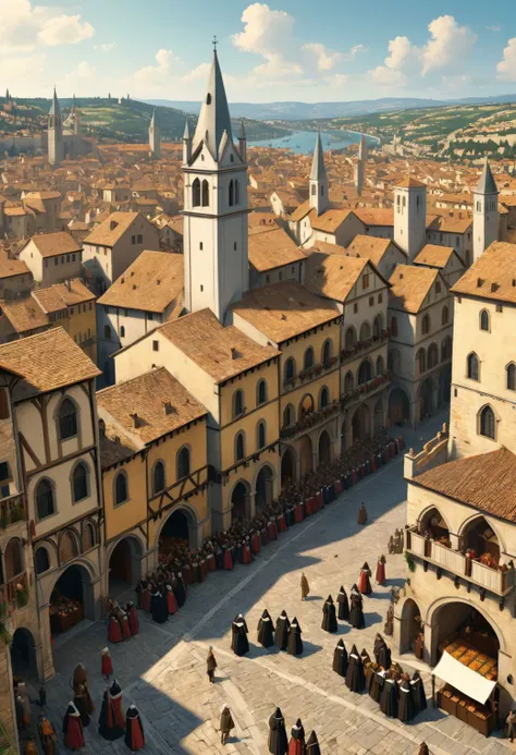 a beautiful medieval city with warriors nuns, intricate, crowded, 2d, flat color, Painting by Canaletto, masterpiece. ultra details, high quality, high resolution, highly detailed, photorealistic, super resolution, crisp quality, sharpen focus, extremely detailed, octane render, 8 k, <lora:xl_more_art-full_v1:0.5>