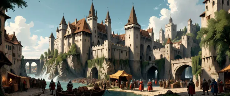 strong colored lineart, the guard in medieval incursions, dark heroic fantasy, bold inking, a harrassed knight looking for the return of the king, daylife, low angle , a massive castle with occupied places, markets, vendors, travelers,cathedral, army basecamp, brutalism, vauban, vegetation, ancient, waterfall , cinematic, director's cut, great story, detailed, sharp, HD, HDR, best quality, best resolution, 2d, flat color, Painting by Canaletto, masterpiece. ultra details, high quality, high resolution, highly detailed, photorealistic, super resolution, crisp quality, sharpen focus, extremely detailed, octane render, 8 k, <lora:xl_more_art-full_v1:0.5>