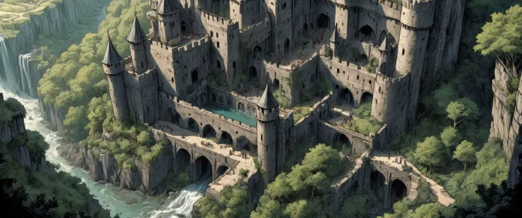 dark heroic fantasy, bold inking, concept for matte painting, a black knight looking for the return of the king, troops, view from above , a massive castle with crowded places, brutalism, vauban, vegetation, ancient, waterfall , cinematic, director's cut, great story, detailed, sharp, HD, HDR, best quality, best resolution, 2D, colored Graphic Novel illustration, by Todd Mcfarlane, cross hatching, vibrant, flat inking, hard shadows