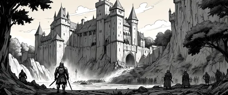 strong lineart, bold outline, the guard in medieval incursions, dark heroic fantasy, bold inking, a harrassed knight looking for the return of the king, daylife, low angle , a massive castle with occupied places, markets, vendors, travelers,cathedral, army basecamp, brutalism, vauban, vegetation, ancient,  waterfall , cinematic, director's cut, great story, detailed, sharp, HD, HDR, best quality, best resolution,( 2D, colored Graphic Novel illustration:1.3), vibrant, flat inking, hard shadows, perfect lighting