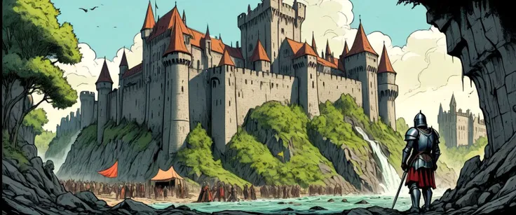 strong colored lineart, bold outline, the guard in medieval incursions, dark heroic fantasy, bold inking, a harrassed knight looking for the return of the king, daylife, low angle , a massive castle with occupied places, markets, vendors, travelers,cathedral, army basecamp, brutalism, vauban, vegetation, ancient, waterfall , cinematic, director's cut, great story, detailed, sharp, HD, HDR, best quality, best resolution,( 2D, colored Graphic Novel illustration:1.3), vibrant, flat inking, hard shadows, perfect lighting