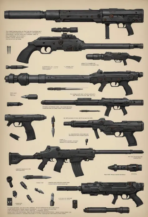 small weapons, concept arts, technical sheet, exploded view
