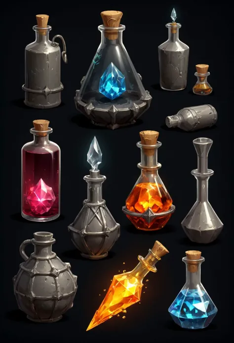 small medieval explosive artifacts and flasks, concept arts, coherent alchemy technology, poisonous crystal, masterpiece, best quality, perfect lighting, vibrant, glowing, extremely detailed, reference sheet, simple dark grey background