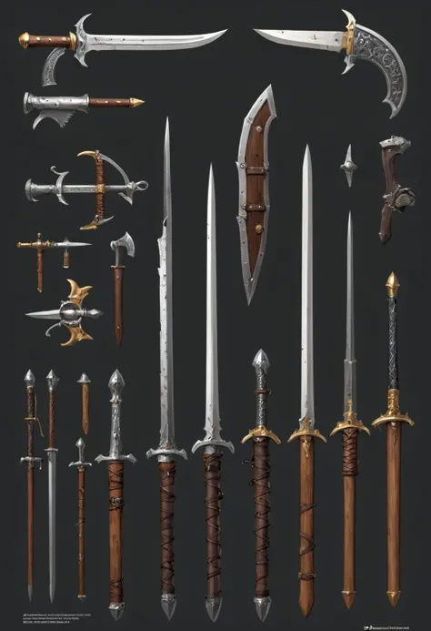 small medieval weapons, concept arts, technical sheet, exploded view, masterpiece, best quality, perfect lighting, extremely detailed, reference sheet, simple dark grey background
