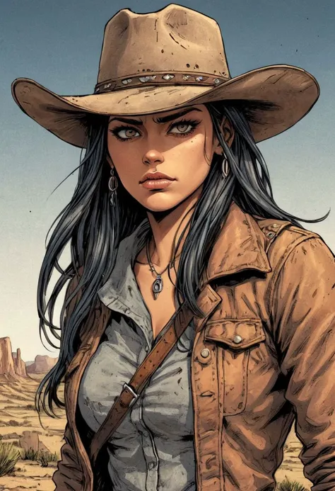 cheyenne, detailed, sharp, HD, HDR, best quality, best resolution, 2D, colored Graphic Novel illustration, By Gibrat, cross hatching