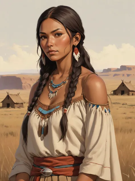 cheyenne, illustration, confident, seductive, free, small chest, detailed traditionnal clothes, bar shoulders, native american, brown skin, realistic face, simple background, exterior fields view, looking far away