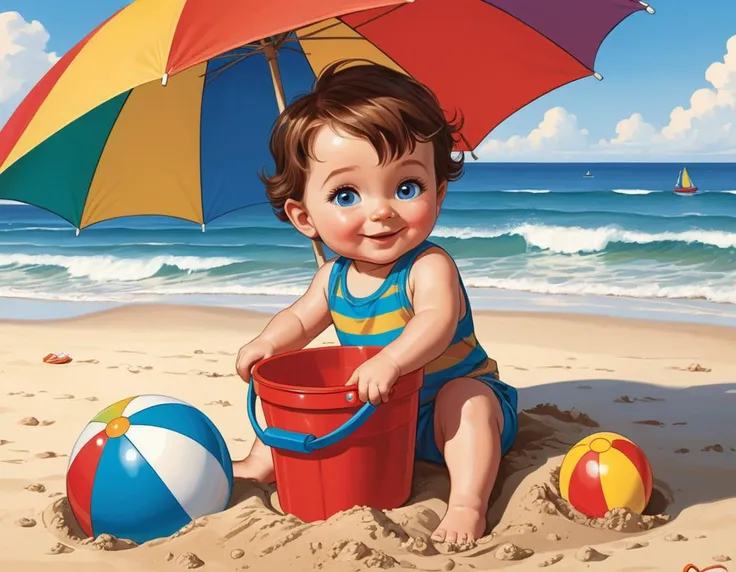 Long shot, highly detailed (graphic novel comics:1.4) illustration of a smiling white toddler, brown hair, blue eyes, sitting at the beach under a multicolor umbrella digging a hole in the sand, red toy bucket, beach ball, bright, sunny, cheerful, happy, waves and ocean background, depicted deep focus, intricate, elegant, extremely light