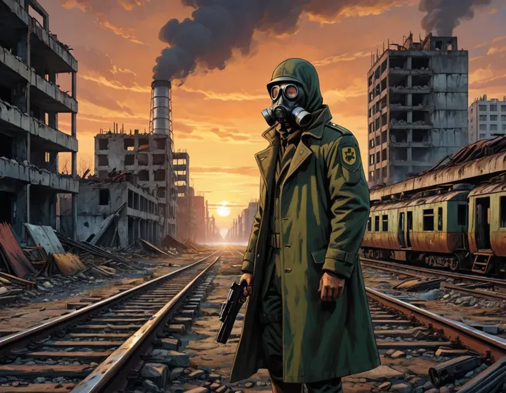 Long shot, highly detailed (graphic novel comics:1.4) illustration of a single soldier standing on train tracks outside of the ruins of a city, facing camera, tall buildings, Chern4byl enviroment, wearing a gas mask and overcoat, holding a handgun, gloomy, cloudy skies, sunset, natural lighting, moody, gritty, nuclear waste, fallout, postapocalyptic, dystopian, very precise, cinematic, extremely artistic, fine detail, professional still, stunning, flawless, serious, creative, positive, loving, pure, color, vibrant, confident, attractive, celestial, best, focus, dramatic, quality, clear, coherent, pretty, perfect, light, inspired, designed, rich, vivid, amazing