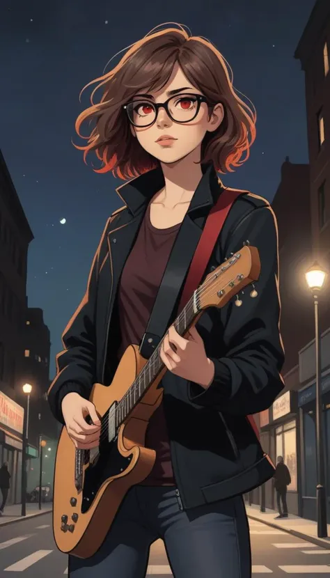 Graphic novel illustration, flat colors, 1girl, upper body, standing, playing guitar, medium hair, brown hair, red eyes, black glasses, black jacket, sleeves rolled up, outdoors, city, street, night, night sky, masterpiece, best quality