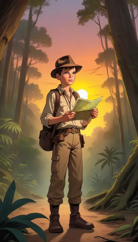 Graphic novel illustration, 1boy, Indiana Jones outfit, ancient forest, discovering hidden treasure, holding a map, sunset backdrop, adventure theme, masterpiece, best quality