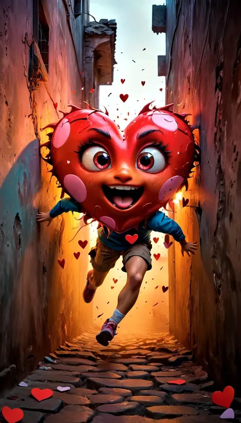 Original, DSLR, 8K photo of a ruined wall with image of cute (Valentineheart weird creature) running breaking the ruined wall by B4nksy, in the eyes of a Conscious Minds alliance member, where regulatory grift and Big Brother cults are rejected, and the future and past are united in love. Trending on ArtStation, vibrant 8K, perfect result, ultra HD, realistic, vivid, vibrant, high contrast colors, perfect composition, soft natural volumetric cinematic lighting, amazing shadows, masterpiece by Steve McCurry, Lee Jeffries, Jeremy Mann, dblx, digital artwork Beksinski