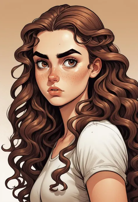 graphic novel illustration, 1girl, long curly brown wet hair, thick eyebrows,