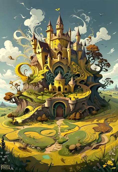 Vivid, abstract, surreal, shadow typographic art, 200 year old magical Maltese castle,yellow and brown, otherworldly background, eldritch, meadow, unchallenged beauty, Whirling viper, dangerous, (legendary gray outline), Stylized, intricate, detailed, artistic illustration , text based, concept art, trending on artstation, 3D cartoon style