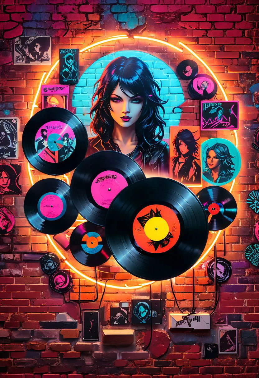 Vinyl records on a brick wall ,neon lights, stylized collage, LegendDarkFantasy,,memphisstyle-6750