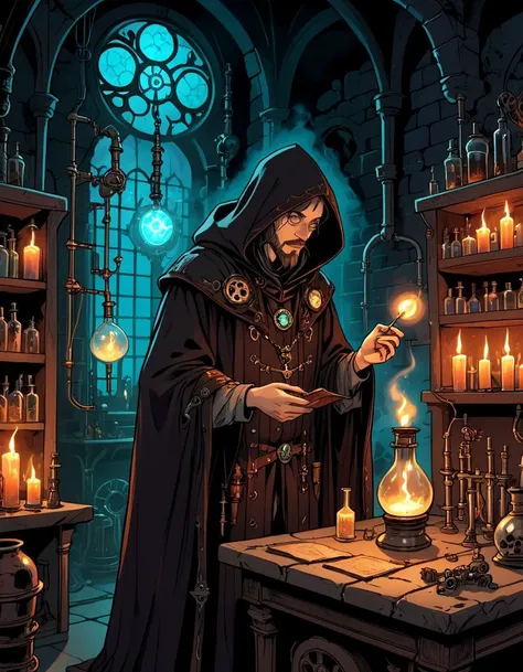 Graphic novel illustration art nouveau style, An necromancer wizard conducting prohibited magical experiments in a gothic steampunk laboratory filled with vials of glowing liquid, intricate gears and pipes along stone walls lit by candlelight, hooded cloak flowing, mystical artifacts on shelves.