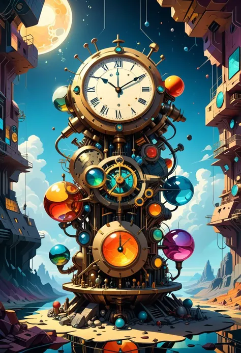 A close up of a clock tower with many different colored balls - SeaArt AI