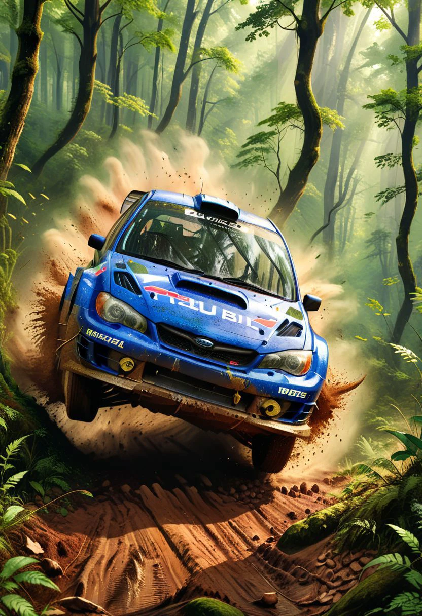 (1 car, 1997 Subaru Impreza WRC redesigned by Peter Stevens), Generate an image of a Subaru Impreza WRC tearing through a dense forest during a rally race, with mud splattering, leaves flying, and the vibrant greenery as the epic backdrop. The car's aggressive styling and the dynamic forest setting should evoke a sense of speed and adrenaline. best quality, realistic, photography, highly detailed, 8K, HDR, photorealism, naturalistic, lifelike, raw photo,H effect,real_booster