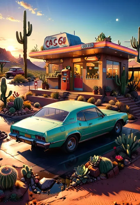 (masterpiece), realistic lighting, score_9, score_8_up, score_7_up, realistic, intricate details, hyperdetailed, extremely sharp, 4k, ,vivid colors,
((masterpiece)), ((best quality)), (ultra-detailed), absurdres, extremely detailed CG unity 8k wallpaper, Official Art,
the fantastic route 66 at sunset crossing the desert, 80s car, petrol station, cactus, succulents,
astral energy, magical and romantic atmosphere colorful, late spring scenery, illustration, (dramatic lighting:1.1),
hyperdetailed, hyperrealistic, 8k, high quality, hi res, best quality, high quality, absurd res, volumetric lighting, reflections, polished, intricate, soft warm lighting,