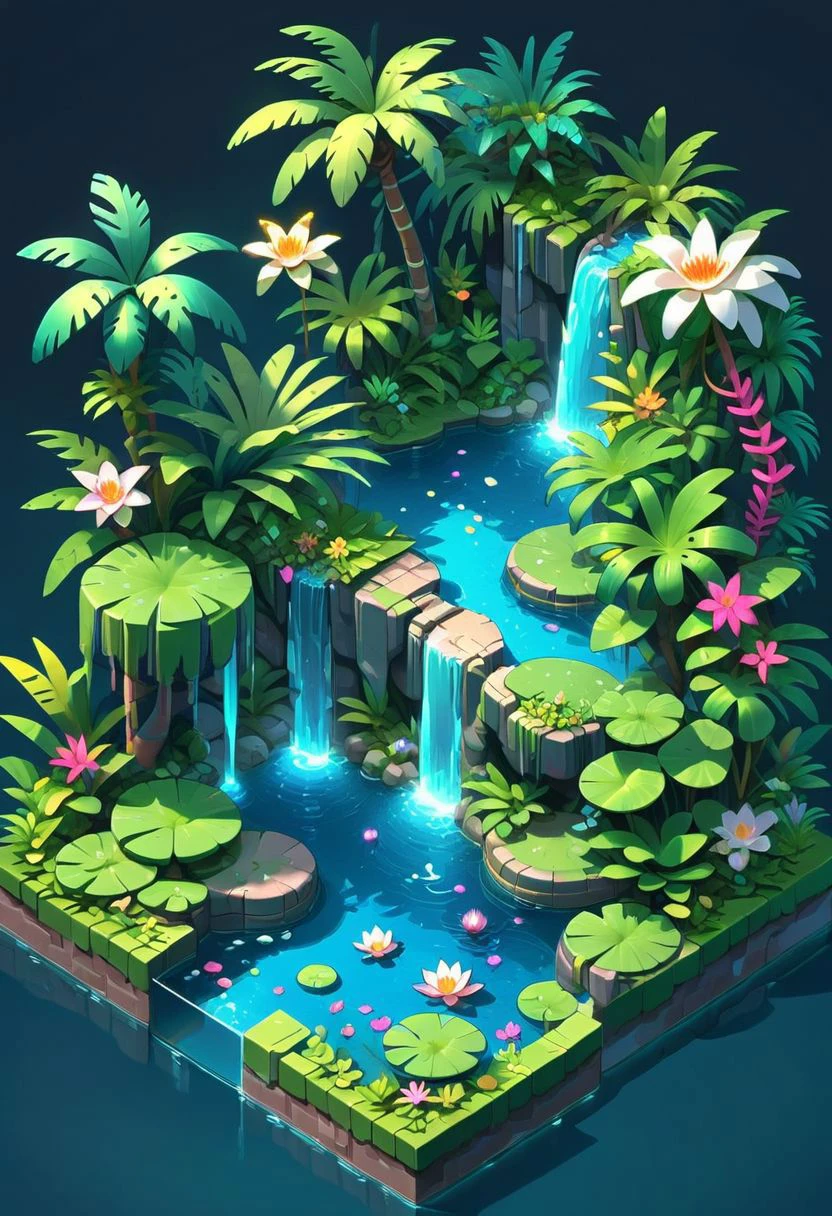 waterfall, glowing,palm,flower,natural pool, water lilies isometric, zavy-ctsmtrc, art,