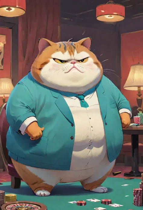 lineart, LineAniAF, fat, Dressed animals page, yakuza fat cat in casino, angry because of big loss, sitting in chair, furious, shouting, with an angry expression on her/his face