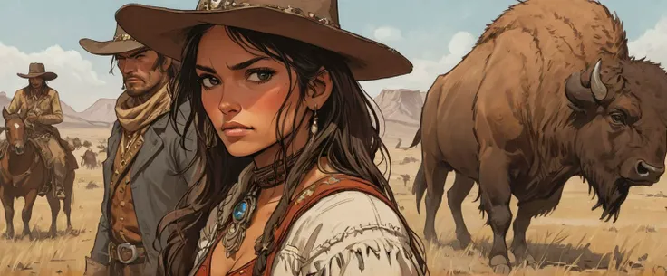 a page from comics, strong and beautiful cheyenne woman facing to buffalo on the plain with arm,  face detail, close view, cinematic, graphic novel, vibrant, highly detailed, black gradients, wild west in background, outline, detailed textures, sketch, drawing, detailed brown eyes, two people, red dead redemption meeting with indians Cheyenne, dark cowboy face, old cowboy, unshaved,