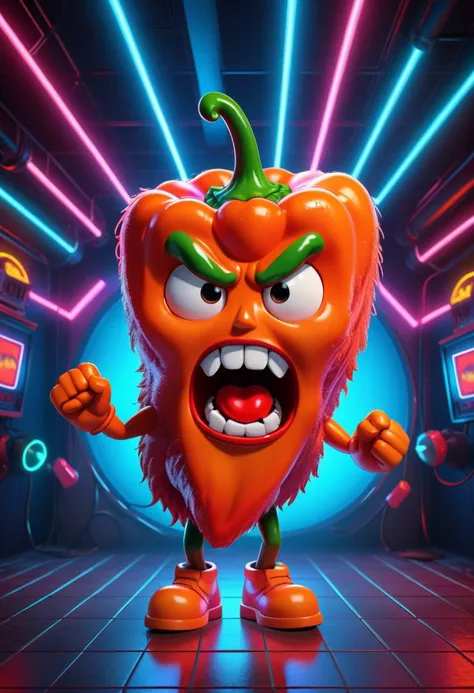 3D rendering of a cute pepper character, angry facial expression, exaggerated action, 3D character, a little fluffy, cartoon style, minimalist, HD, high detail, 8k, on a dance floor, underground club, 80s, neon lights,