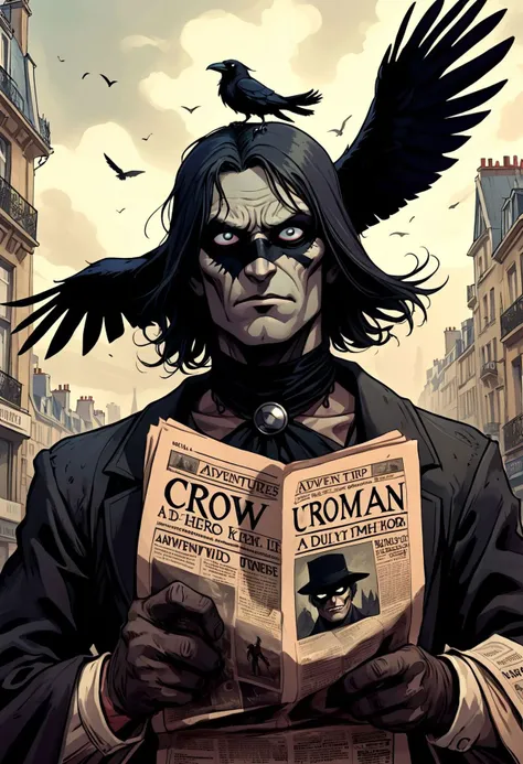 Paris 1900, Dark Fantasy, "CROW MAN", Newspaper title, uncanny ugly hero, dark cover, adventures, a trip to tomorrow era, graphic novel, vibrant, vivid life, hero pose, dutch angle, detailed black eyes