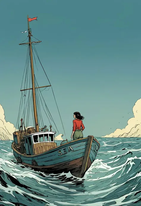 Sea, the fishboat, a woman, graphic novels