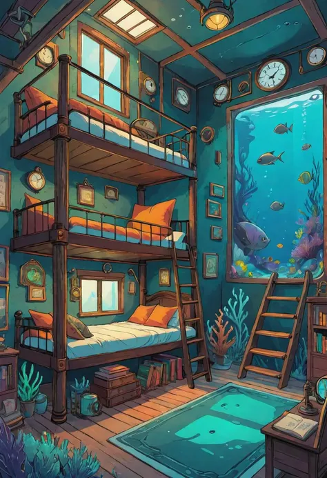 a cozy steampunk bedroom at the bottom of the ocean, bunk bed and ladder, books, aquarium, large window, vibrant colors, lineart