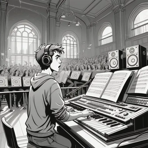 comics, graphics novel, Generate a stunning sketch lineart image [realistic], epic, cinemascope, intricate, ((best quality)), ((masterpiece)), ((realistic)) with [detailed linework], [dynamic shading] and [dramatic lighting], A music student at a university playing the (sarussophone)