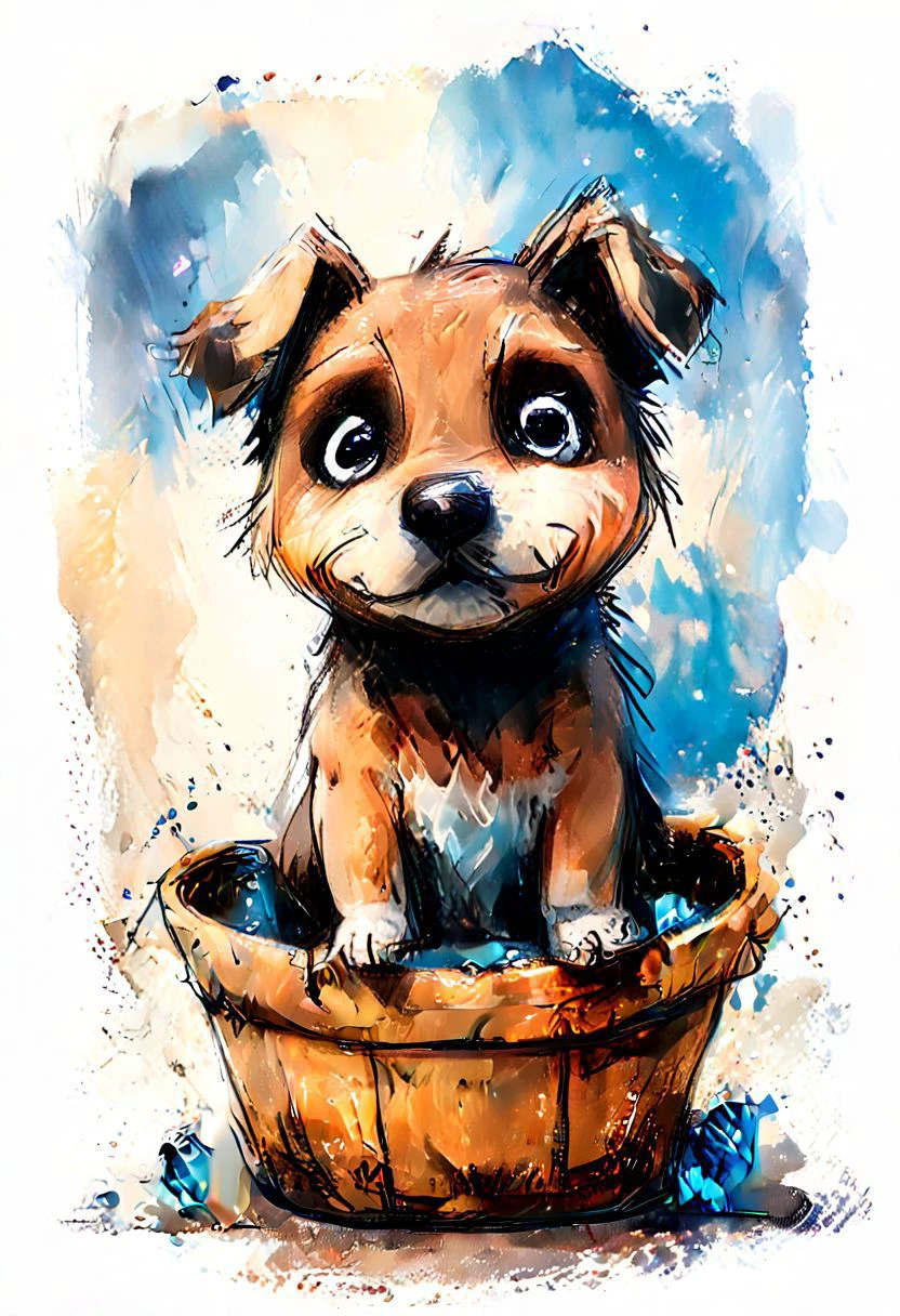 impactful color paint of cute drawing of a puppy in a wicker basket, sofa, pillows, highly detailed, 8k, sharp, professional, clear, high contrast, crystal clear
