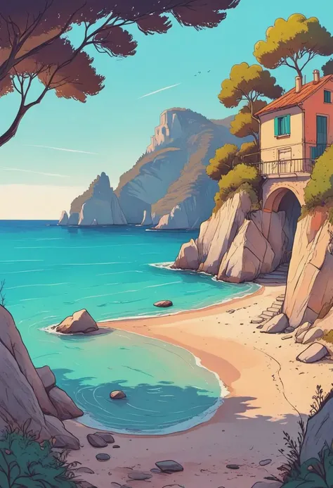 hidden italian beach, (cozy:1.2), feeling of being alone in the world, peaceful, vibrant colors, lineart