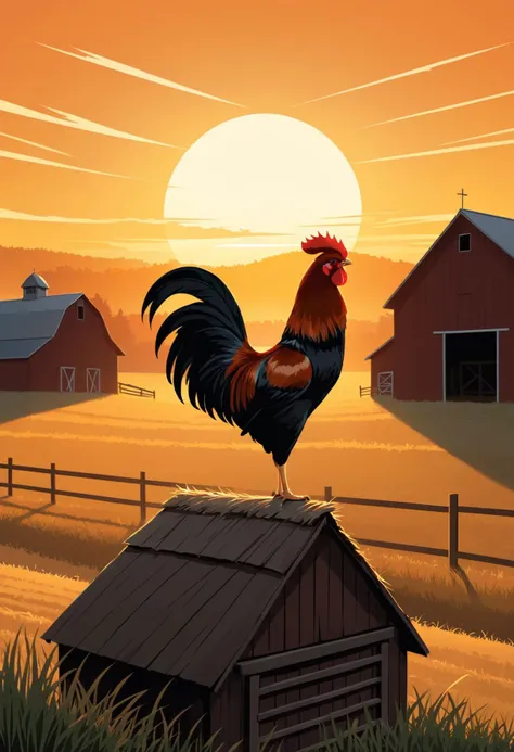 Vector art, A rooster sits atop a barn crowing at dawn, perspective