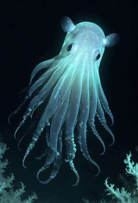 (pencil color), bubbles, deep sea, shark, dark, bioluminescent creatures, particles, glowing, horror, whale, jelly fish, atmospheric, dark environment, sea plants. dumbo octopus