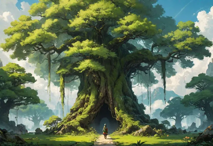 (masterpiece, best quality, absurdres, 4k, aesthetic, detailed, intricate), a person that is standing in front of a tree, concept art, inspired by Andreas Rocha, conceptual art, tokyo, big green tree, guweiz masterpiece, ancient